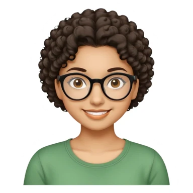 Young Latina woman with light brown skin. Round friendly face. Dark brown eyes with black-framed glasses. Thick arched eyebrows. Short voluminous curly hair. Big smile showing dimples. Wearing a green casual top. sticker