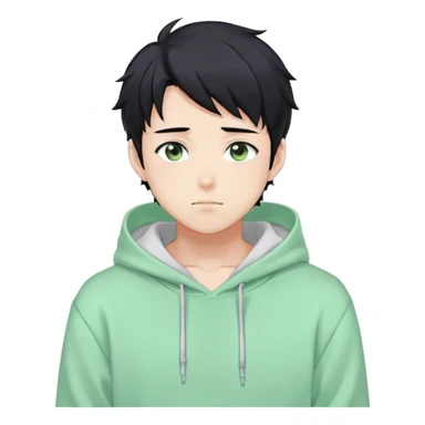 Gorgeous pastel green sweater black hair anime style shojo guy with blushing face and, hoodie, aesthetic, young adult, trending style, outside, vedal987 sticker