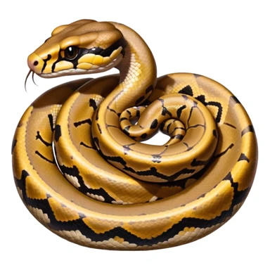 A photo-realistic top-down view of a Ball Python gently coiled into a tight spiral, with its head resting peacefully at the center. Its scales are warm brown with bold, irregular black markings, including the distinctive “alien-head” pattern, flowing smoothly along its body.  sticker