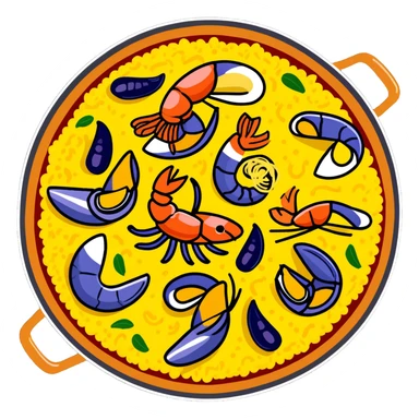delicious seafood paella with prawns, mussels, and yellow rice in a traditional paella pan sticker