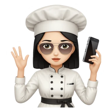 ["A sad woman with light skin, straight hair, wearing a chef hat and sunglasses, dressed in K-pop fashion, is dancing while holding a phone."] sticker