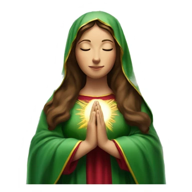 Virgin Mary: kind face looking down at the left, long brown hair, Wearing an emerald green  robe with gold stars and a burgundy red dress,  Hands in prayer or blessing. Halo around her head. standing in front of a big sun. colorful roses on the sides  sticker