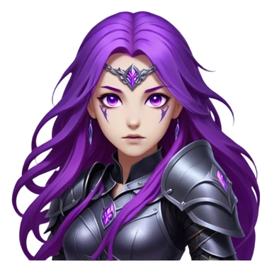 A mysterious warrior girl with long, flowing purple hair catching the dim light. Her glowing violet eyes stare forward, unwavering. She wears sleek black armor, adorned with silver runes that pulse faintly with hidden power. A dark mist swirls at her feet, hinting at the energy she commands. sticker