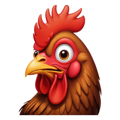 Cinematic Comical Brown Rooster Portrait Emoji, Head tilted dramatically with an exaggeratedly amused expression, featuring a striking, glossy brown plumage with a bold red comb, wide, expressive warm eyes filled with playful disbelief, Simplified yet hilariously expressive features, highly detailed, glowing with a slightly sassy glow, high shine, dramatic yet playful, stylized with an air of cheeky mischief, bright and endearing, soft glowing outline, capturing the essence of a spirited and over-the-top rooster, so meme-worthy it feels like it could crow its way into internet fame instantly! sticker