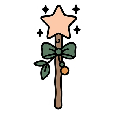 A cute and magical wand with an elegant, whimsical design, incorporating a color palette of golden orange (FA9B41), forest green (4A7C5C), soft taupe brown (96775A), and pastel peach (FFCC9A). The wand is slender and slightly curved, made of smooth wood with delicate carvings. At the top, there's a glowing gem or star in peachy tones, surrounded by tiny sparkles. Decorative elements like a ribbon, tiny leaves, or a small charm add a cozy, storybook-like charm. The overall look is gentle, enchanting, and magical, perfect for a forest fairy or a kindhearted young wizard. sticker