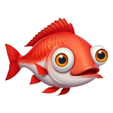 extremely derpy red fish with bulging eye and goofy buck teeth, perfect flat side profile facing right, exactly 90 degrees, completely 2D like a paper cutout, only one eye visible, absolute side view sticker