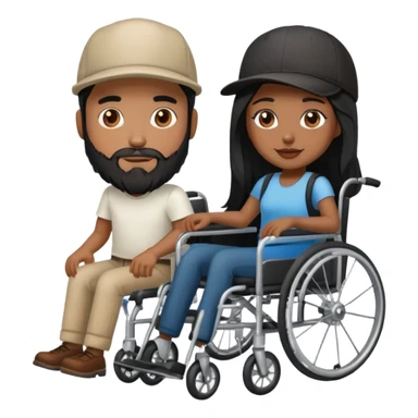 Beige skin man with a beard and cap in a wheelchair and a dark brown skin woman with long black hair in a wheelchair  sticker