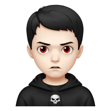 Vampire boy with the short black hair, pale-white skin, black eyes, little fangs and dark circles under his eyes. He has serious face and he wear a black oversize sweatshot sticker