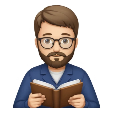 bearded man with glasses studying sticker