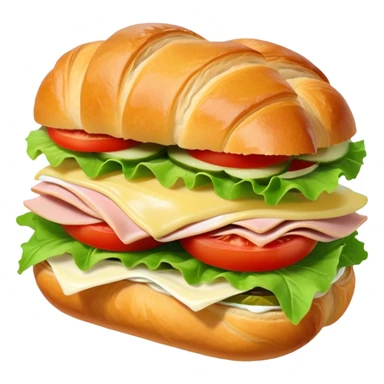 sandwich with turkey, lettuce, pickles, mayonnaise, and tomatoes on a croissant sticker