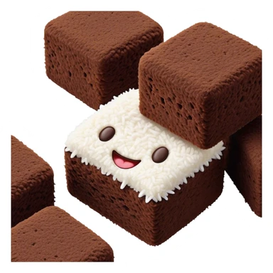 Cinematic Realistic Lamingtons Dessert Emoji, depicted as soft sponge squares coated in chocolate and coconut rendered with mouth‚Äêwatering detail and vibrant lighting. sticker