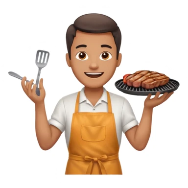 A cheerful man in an apron flipping meat on a sizzling grill with smoke puffing upward. sticker