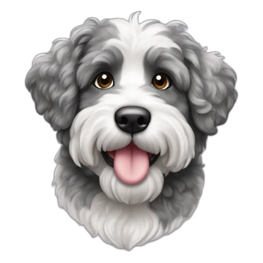 ausiedoodle with black and white and gray merle coloring with heart sticker