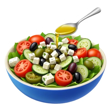 mediterranean salad bowl object icon, tomatoes, cucumbers, olives, feta cheese, olive oil dressing, 3D cartoon, mobile game icon style, clean background, no text, no watermark
 sticker