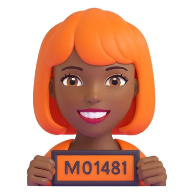 dark skinned Black woman with orange bob wig like Chucky's hair, visible plaque on her teeth sticker