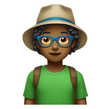 Child with brown hats and blue glasses and a green t-shirt  sticker