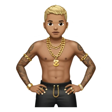 Chris Brown with metallic black pants, shirtless with necklace sticker