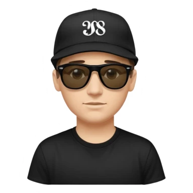 Emoji of a white man with short dark brown hair under a black baseball cap, wearing a black t‑shirt and 1980s‑style black Ray‑Ban rectangle sunglasses black lenses, with black musical notes floating around his head,  sticker