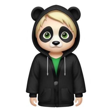 A white man with green eyes, medium-length blond hair, wearing a panda hoodie and black pajama-like robes. sticker