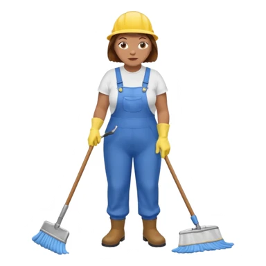 old and fat women, brown hair, Custodian with yellow rubber gloves, white T-shirt, blue overalls, mopping floor sticker