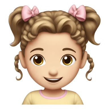 A toddler girl with 2 tiny pig tails on top of her hair with tiny bows, fair skin, blue eyes, brown hair, smiling, wearing a pastel shirt sticker
