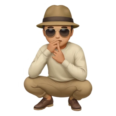 A man squatting down and holdig his hand flat a bit above the ground, like your pettig the air and while holding his finger to his mouth sticker