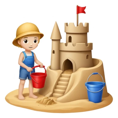 child with a bucket and shovel next to a sandcastle sticker