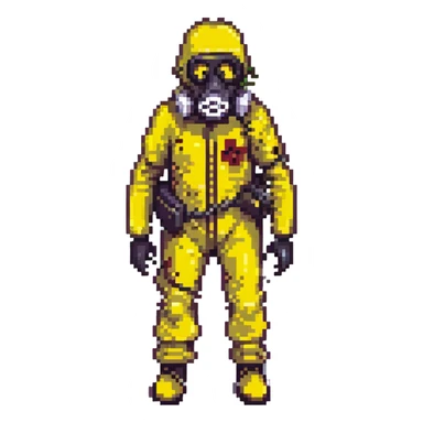 a zombie from the game DAYZ wearing a yellow hazmat suit with a black gasmask sticker