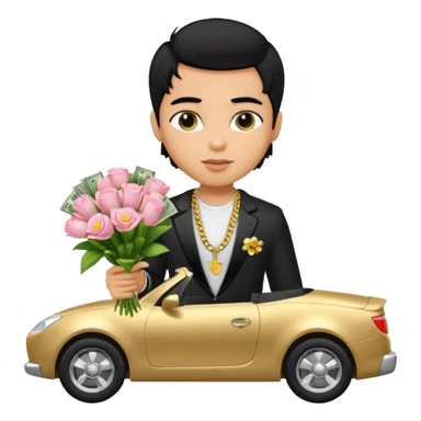 a pretty bratz boy with black hair, holding a bouquet made of money, car behind him sticker