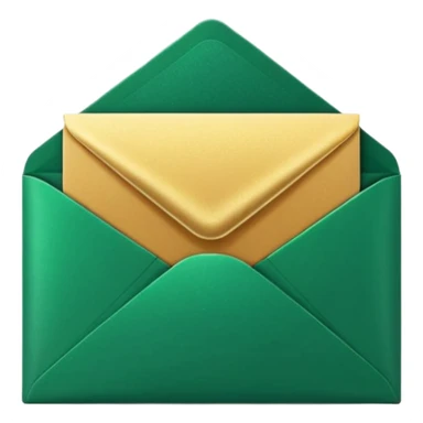 3D minimal envelope icon with subtle star or sparkle accent, matte finish, deep green (#0B3D2C), gold (#C9B037) sparkle, Apple style, sleek and premium, soft shadow, transparent background sticker