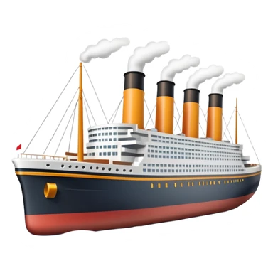 A miniature 3D Titanic ship emoji in Apple style, small and compact with smooth glossy surface, bright clean colors, simplified but recognizable details like smokestacks and windows, no facial features, floating on calm ocean, soft shadows, high-quality render, isolated on white background.



 sticker