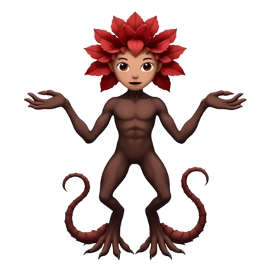 A flower like a monster with arms and legs, the body is a little bit black and the another bit brown like a demogorgon the head part red sticker