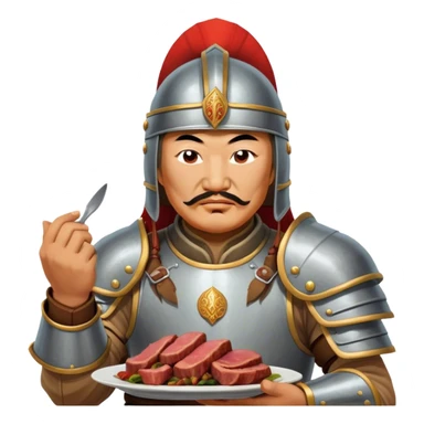 genghis khan with armor and helmet eats cooked meat with hands sticker