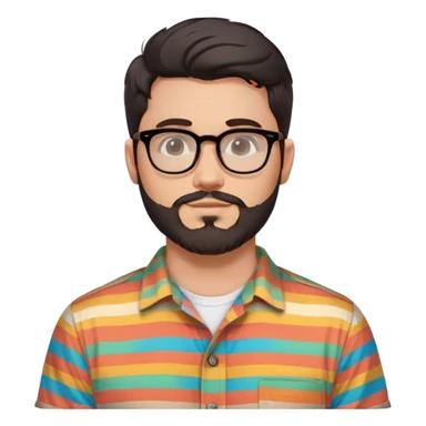 a 30-year-old man with light skin, medium solid build, wide face, soft cheeks, rounded jawline, neutral relaxed expression, short dense full beard, wavy voluminous brown-black hair at the front, large rectangular black thick frame glasses, colorful button-up shirt open showing white t-shirt sticker