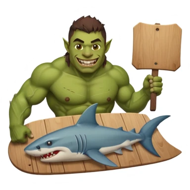 orc male holds a board with a shark painted vertically in his hands sticker