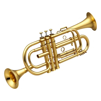 Create a sleek and professional emoji representing a Stomvi trumpet. The design should showcase the shiny, polished brass body of the trumpet with its distinct bell, valves, and tuning slides. Highlight the intricate keywork and the valve pistons, with detailed metallic accents and subtle reflections on the surface. The mouthpiece should be visible at the top of the instrument. Use golden and brass tones with light reflections to emphasize the smooth, high-quality finish. Add a few musical notes floating around the trumpet to evoke its bright and resonant sound. The background should be transparent. sticker