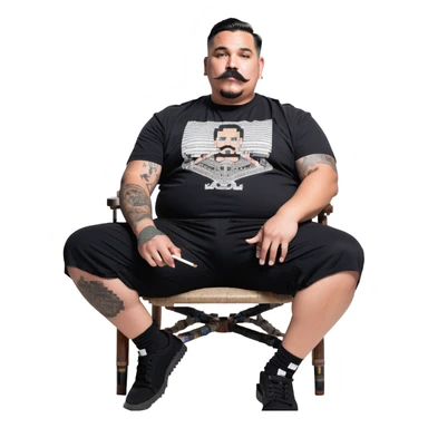 Large man reclining in chair, legs spread, smoking a cigarette, round face, very short black hair, beard and mustache, light skin, black t-shirt with light stripes at top riding up to show belly, black shorts, arms covered in black graphic tattoo patterns sticker