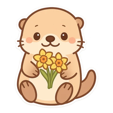 Sea otter with daffodils on its belly, cartoon style, Q version sticker style, simple and cute sticker