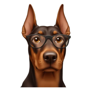 brown doberman with straight ears with a boy who has specs sticker
