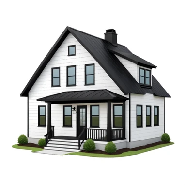 modern farmhouse with white siding, black roof and black trim, exterior view, 3d sticker