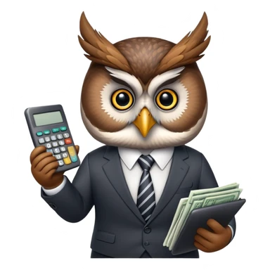 Twilio owl wearing finance outfit with business suit and tie, holding calculator sticker