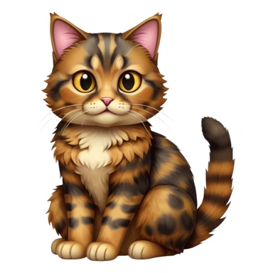 cinematic-[tortoiseshell tabby cat]-realistic-full-body-sitting-emoji,-tail-curled-playfully-around-its-paws,-head-tilted-dramatically,-scruffy-[dark tortoiseshell coloured]-fur,-simplified-yet-realistic-focused-features,-highly-detailed,-glowing-with-an-almost-sarcastic-glow sticker