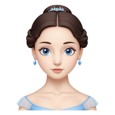 Realistic Ballerina Portrait, with porcelain-like skin featuring a natural rosy flush, illuminated by soft lighting that highlights the gentle contours of her face. Her Brunette hair flows in soft.Her deep blue eyes radiate framed by arched brows and long lashes. sticker