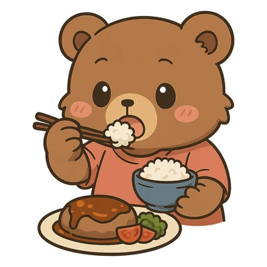 Transform the anime style bear eating into chibi style with exaggeratedly cute proportions, keeping no background. Maintain the anime aesthetic while emphasizing cuteness and chibi proportions. sticker