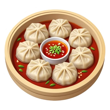 Chongqing Zhong Dumplings with red chili oil sauce, simplified emoji style with bold outlines and bright colors, cartoon style Sichuan spicy boiled dumplings sticker