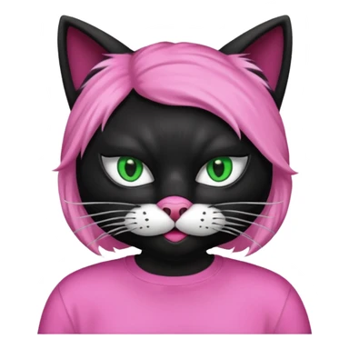 a black cat with pink mask and shirt, half upon
 sticker