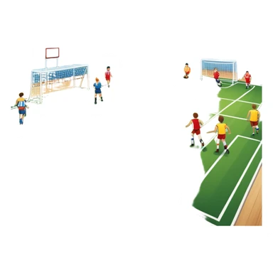 A mini-football match in an indoor sports hall with wooden flooring and clear field markings. The scene shows a vibrant game in action, with players positioned on the court, the goalposts visible, and the atmosphere filled with energy and focus. sticker
