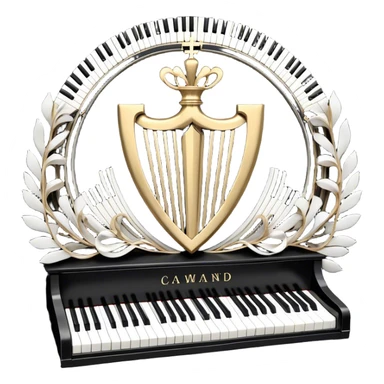 Create an elegant and festive emoji collage representing keyboard instruments, styled like a heraldic emblem. The design should feature a central focal point of black and white piano keys, arranged in a semi-circular or shield-like shape. Around the piano keys, add intertwining musical notes that form flowing ribbons, creating a dynamic and celebratory atmosphere. The design should be professional, with polished silver and gold accents on the keys and notes, highlighting the luxury and sophistication of the instruments. Add subtle shading and lighting effects to give the design a refined, 3D appearance. The background should remain transparent, and the overall feel should evoke grandeur, artistry, and a sense of celebration. sticker