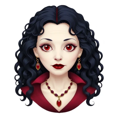 old Vampire lady Pale queen with ruby necklace, curly black long hair sticker