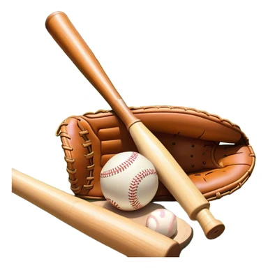 A baseball bat, ball, and glove resting on the ground, set against the backdrop of a baseball field. The scene captures the iconic equipment of the sport, with the field in the distance and a bright sky above, evoking the spirit of the game. sticker